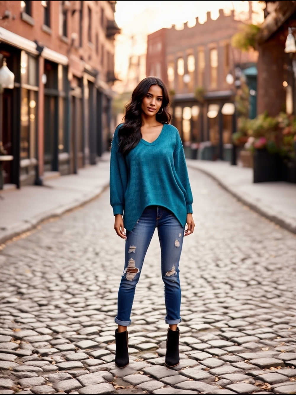 ABSOLUTELY FAMOUS Teal Waffle V-Neck Tunic